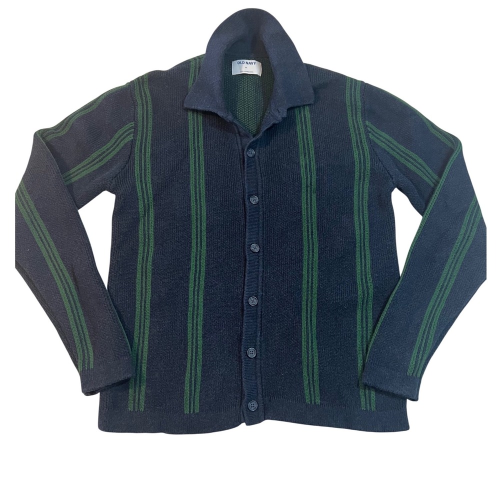 Old Navy Mens Navy Blue Green Striped Cotton Knit Button Up Cardigan Sweater M
